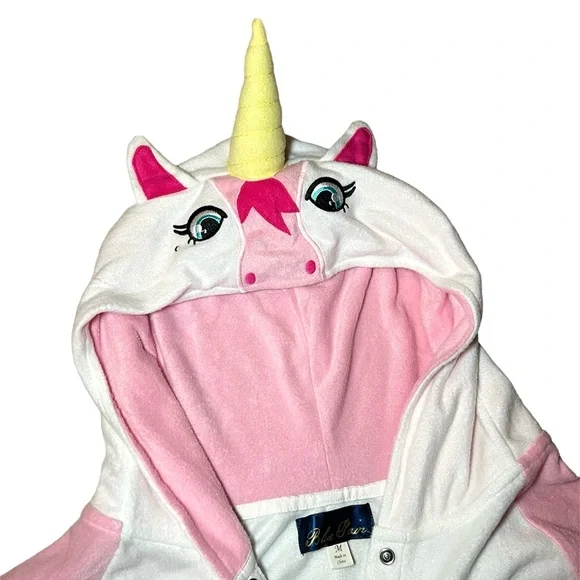 Unicorn onesie hooded pajama costume white with pink & rainbows size M NWOT - Picture 4 of 11